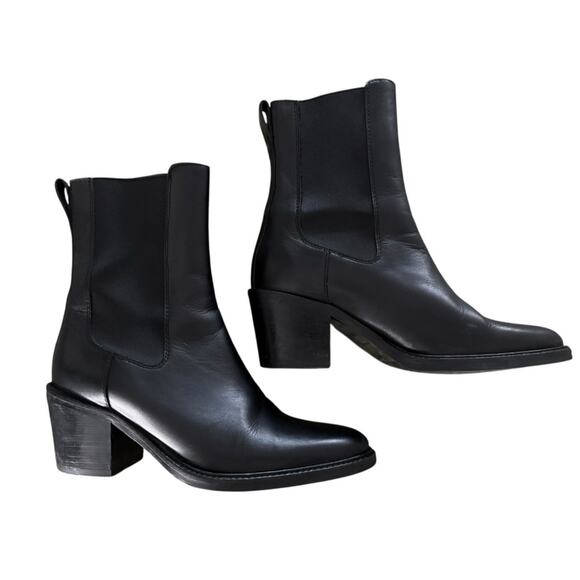 COS Stacked Heel Minimalist Western Boots Black Leather Size 8 Modern Pull On - Picture 1 of 9